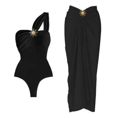 Conjunto de Enteriza con Falda Pareo y Apliques Dorados Ref: 0563