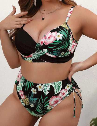 Bikini Plus Size Estampado Tropical con Superposición Cruzada Ref: 0654