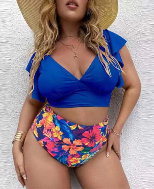 Bikini Plus Size con Manga con Volado y Cintura Alta Ref: 0657