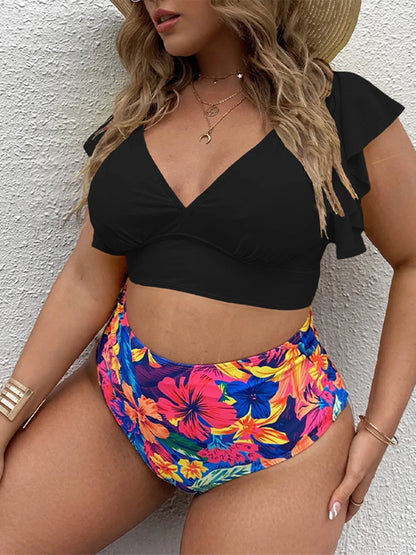 Bikini Plus Size con Manga con Volado y Cintura Alta Ref: 0657