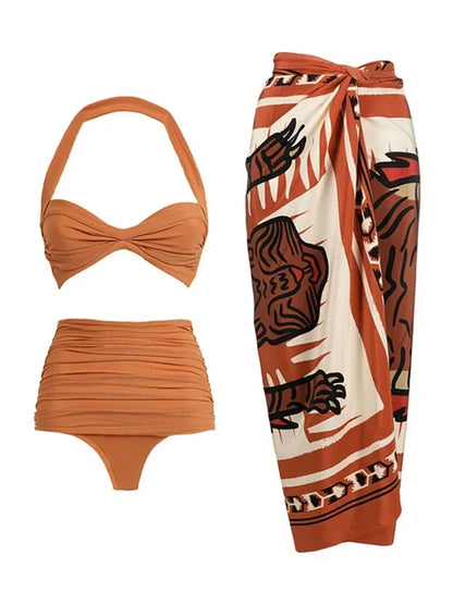 Conjunto de Bikini Drapeado con Falda Pareo Estampada Ref: 0551