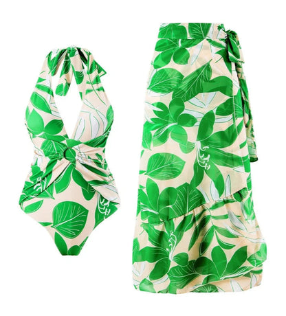Conjunto Estampado con Enteriza Escote en V y Falda Pareo Ref: 0550
