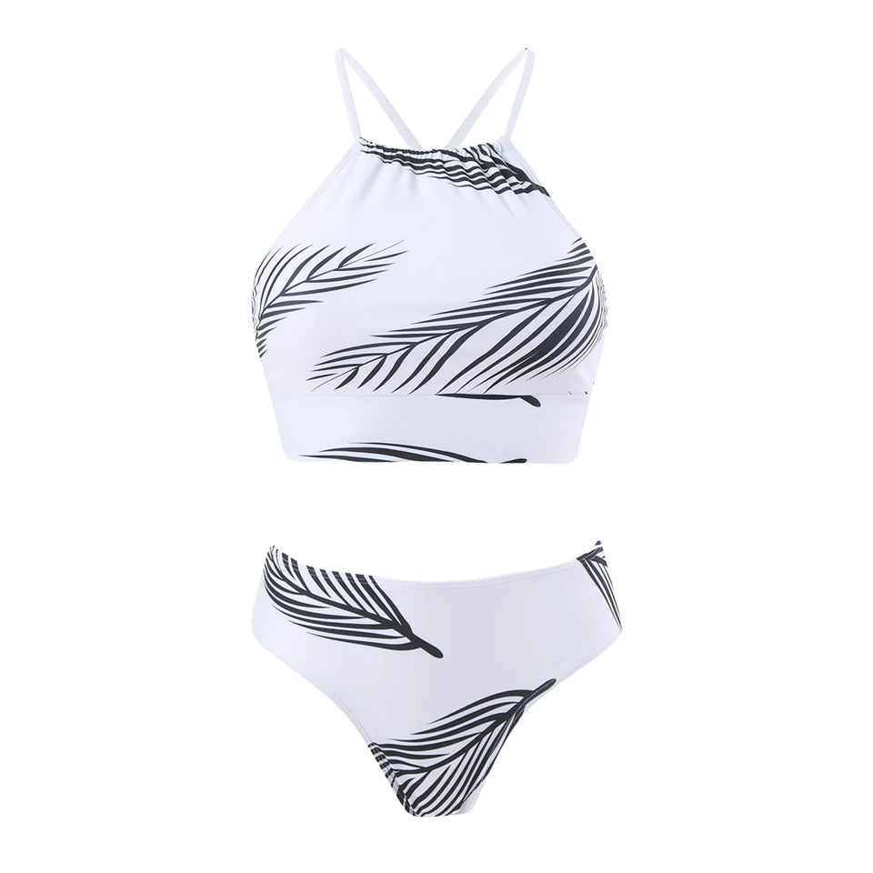 Conjunto de Bikini con Top Halter y Falda Larga Estampada en Hojas Ref: 0559