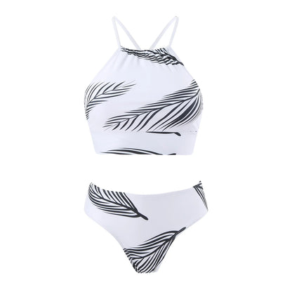 Conjunto de Bikini con Top Halter y Falda Larga Estampada en Hojas Ref: 0559