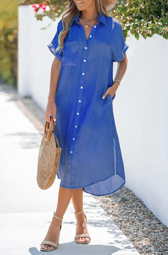 Vestido Camisero con Bolsillos y Bajo Asimétrico Ref: 0275