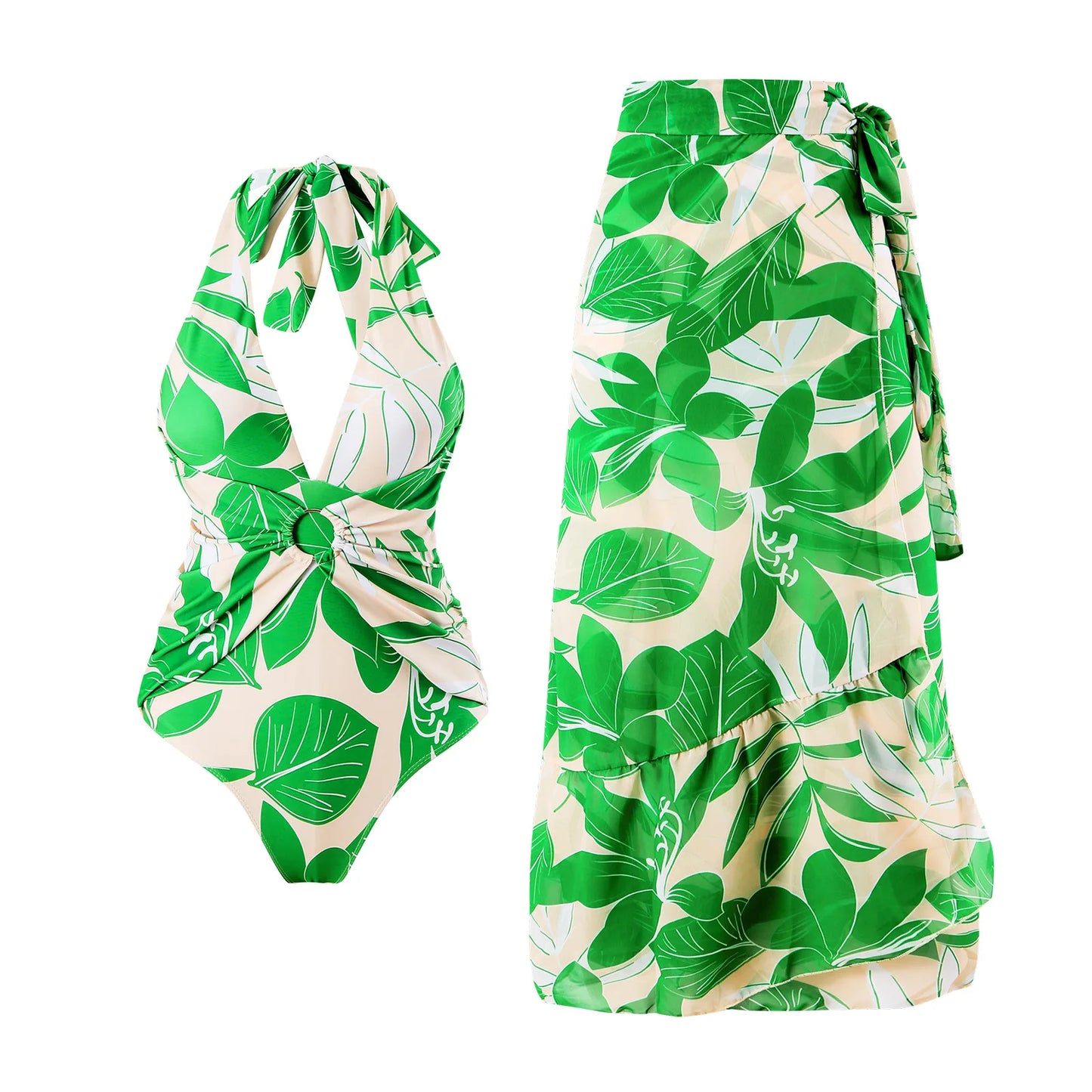 Conjunto Estampado con Enteriza Escote en V y Falda Pareo Ref: 0550