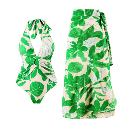 Conjunto Estampado con Enteriza Escote en V y Falda Pareo Ref: 0550
