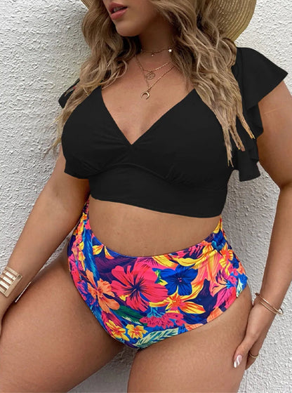 Bikini Plus Size con Manga con Volado y Cintura Alta Ref: 0657