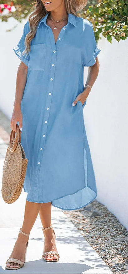 Vestido Camisero con Bolsillos y Bajo Asimétrico Ref: 0275