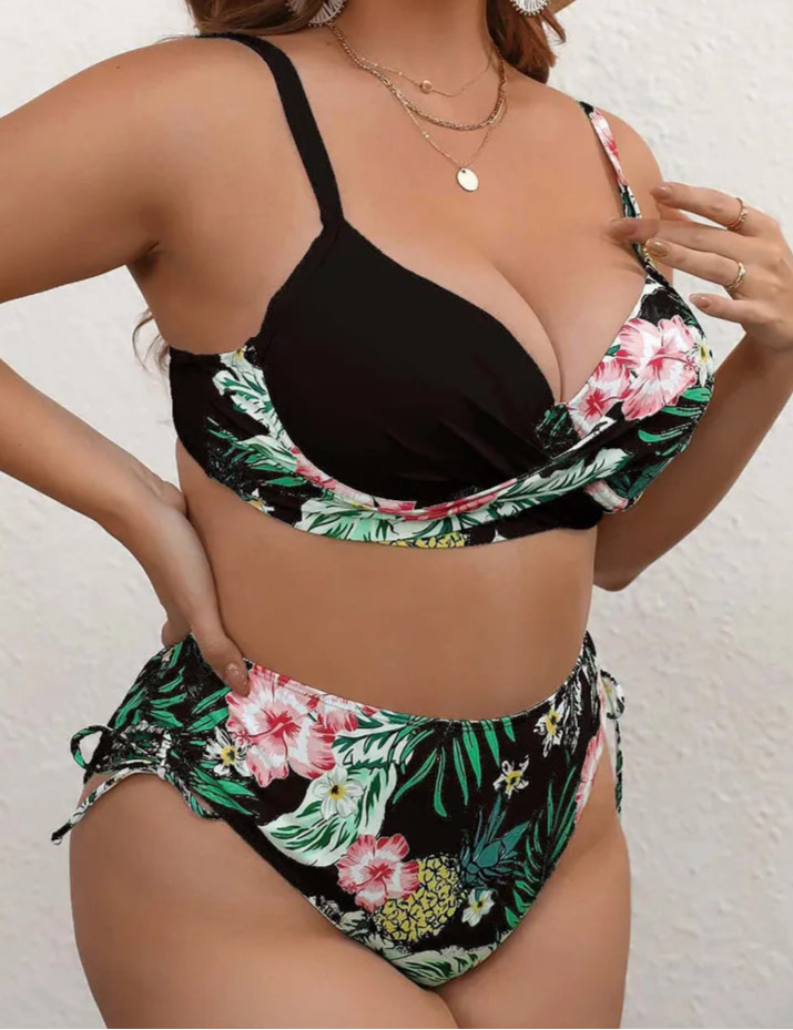 Bikini Plus Size Estampado Tropical con Superposición Cruzada Ref: 0654
