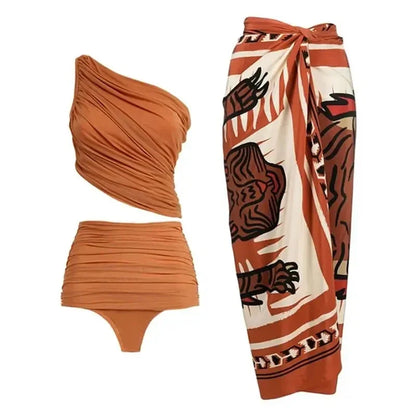 Conjunto de Bikini Drapeado con Falda Pareo Estampada Ref: 0551