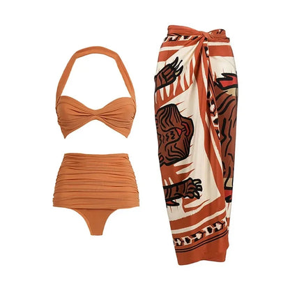 Conjunto de Bikini Drapeado con Falda Pareo Estampada Ref: 0551